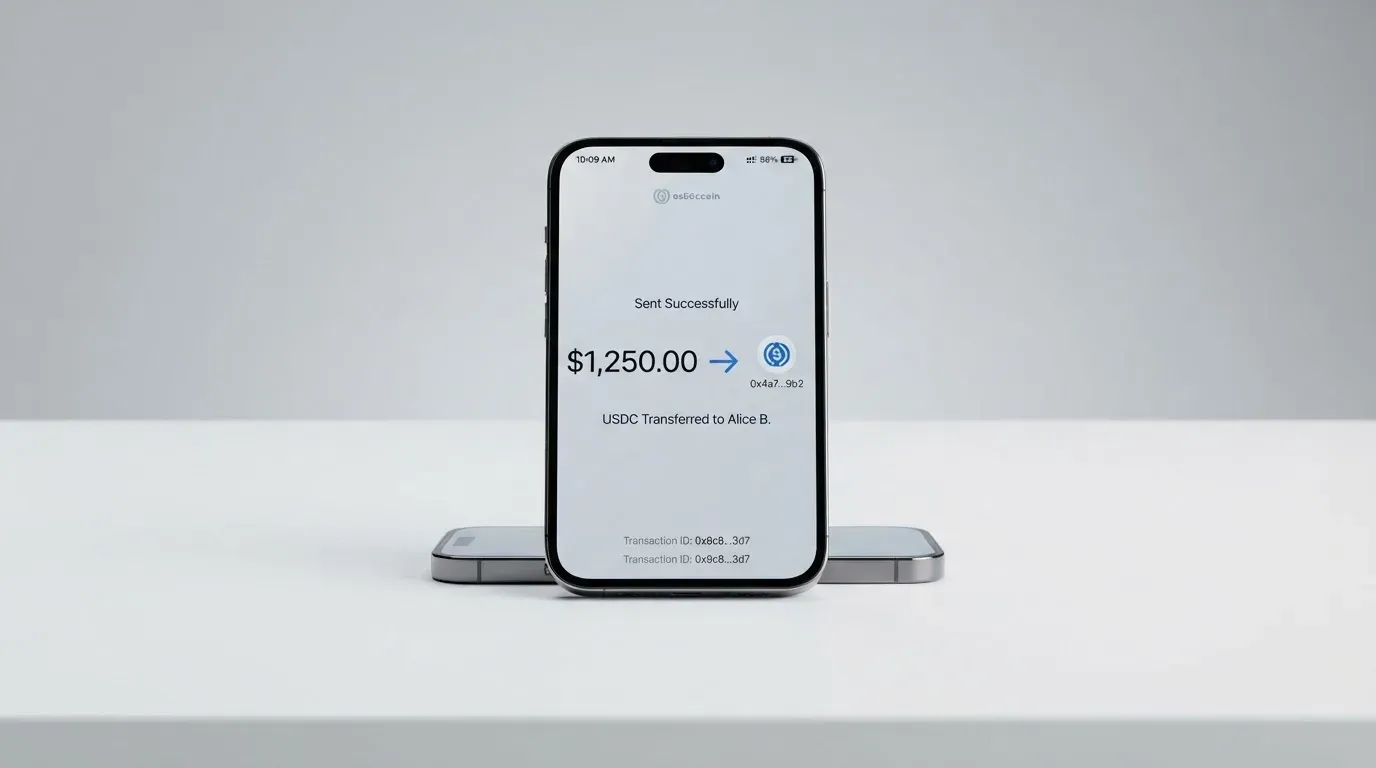 A phone showing a stablecoin transfer screen