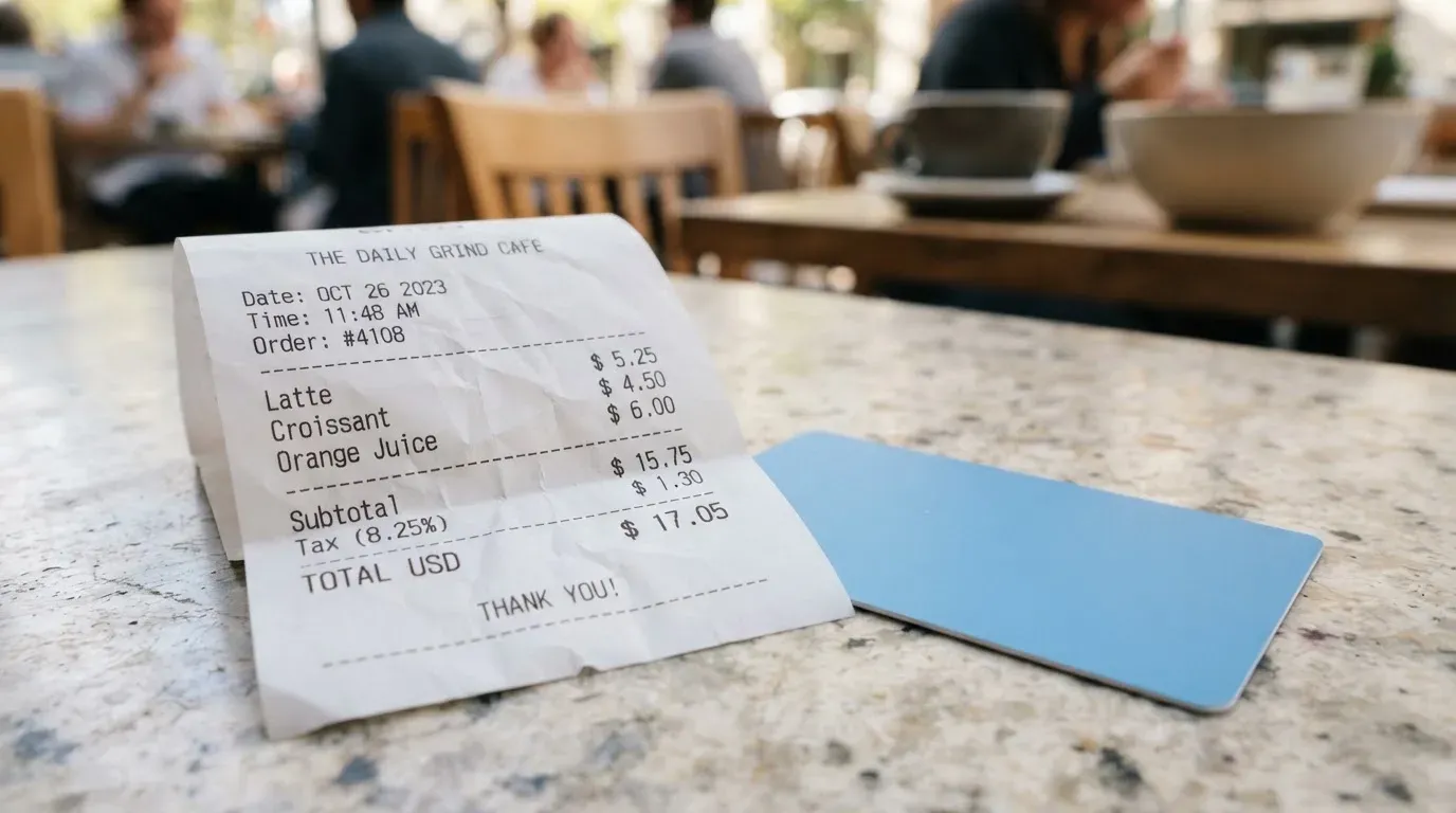 A receipt and a card on a café table