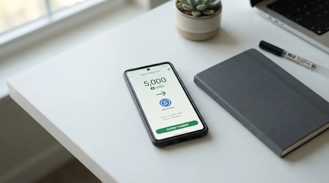 A phone showing a stablecoin transfer screen