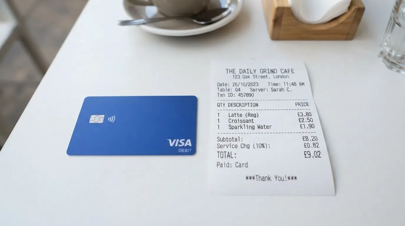 A receipt and a card on a café table