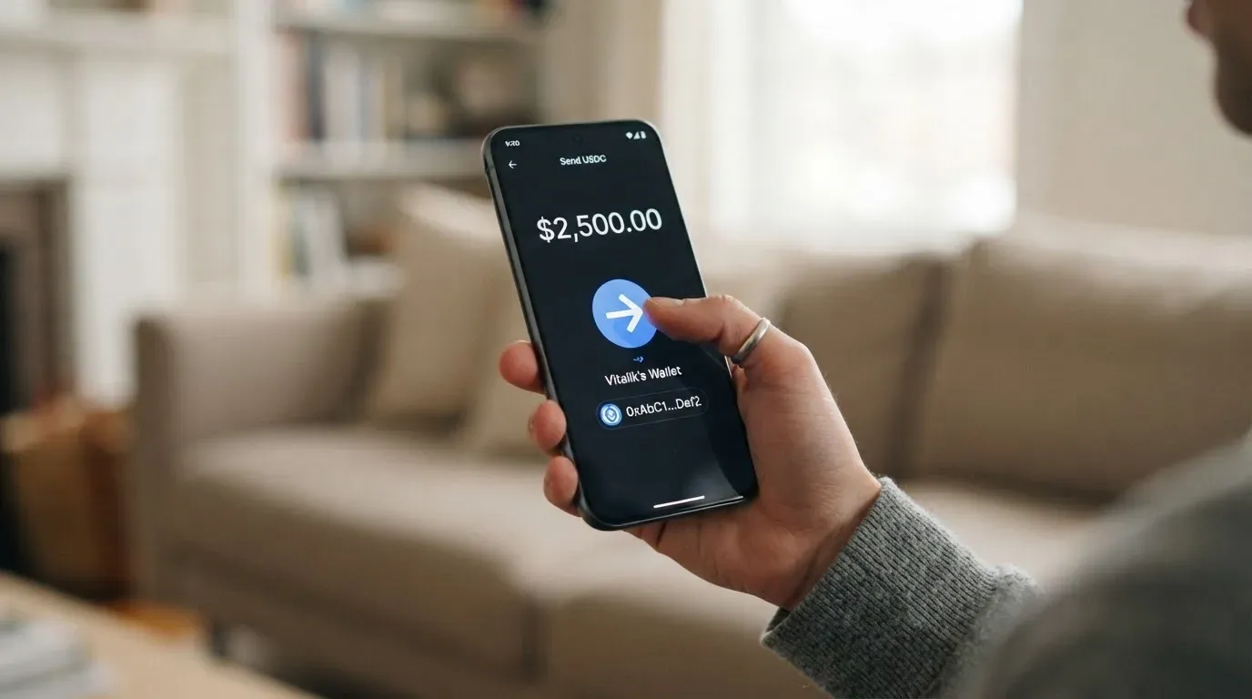 A phone showing a stablecoin transfer screen