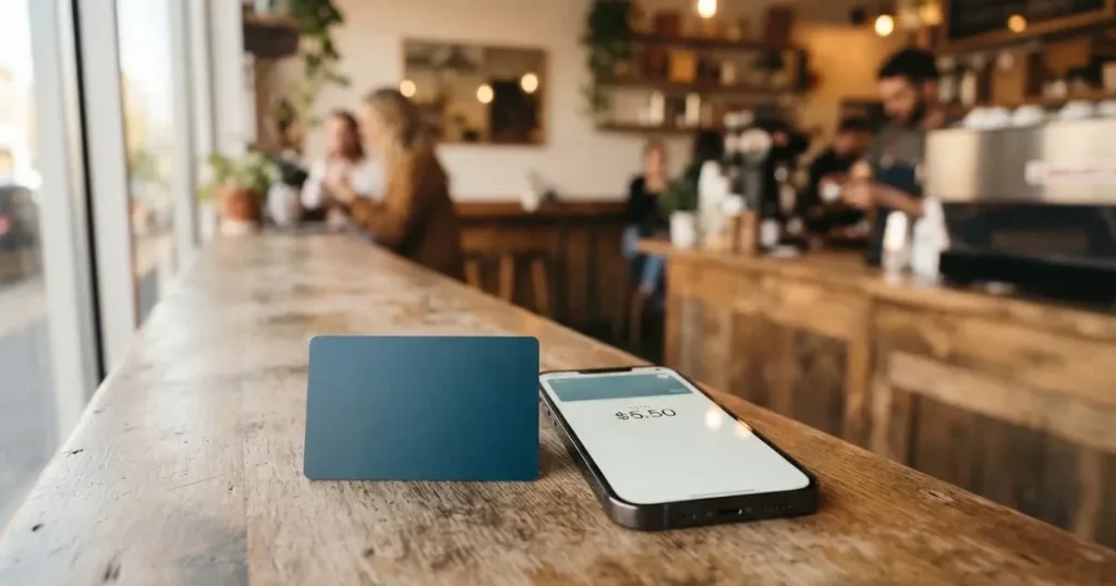 A payment card next to a phone with a crypto wallet app open