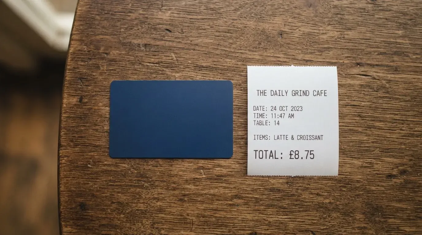 A receipt and a card on a café table