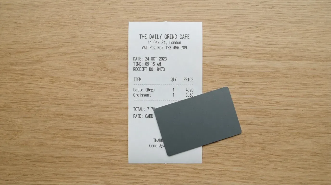 A receipt and a card on a café table
