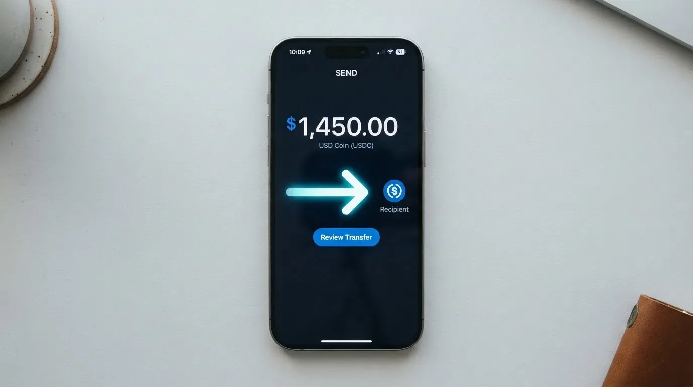 A phone showing a stablecoin transfer screen