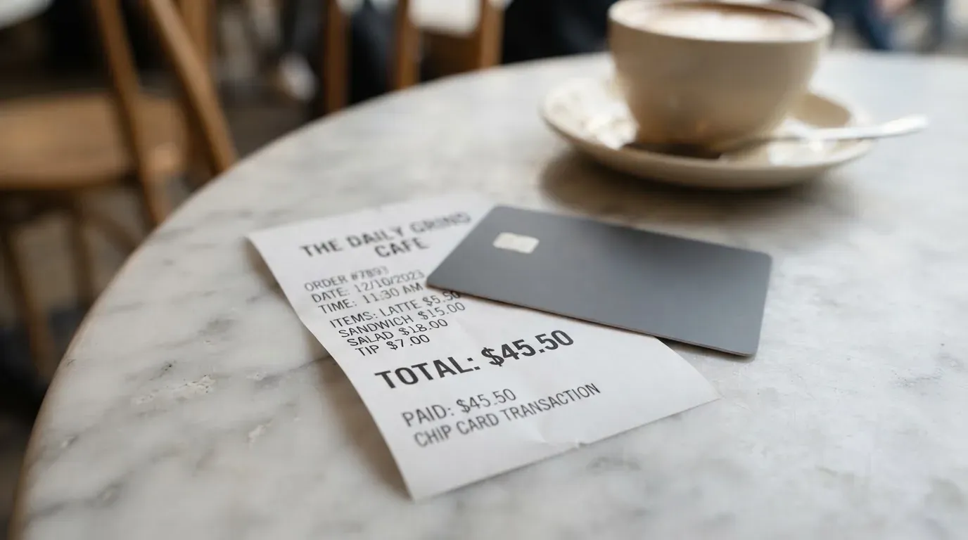 A receipt and a card on a café table