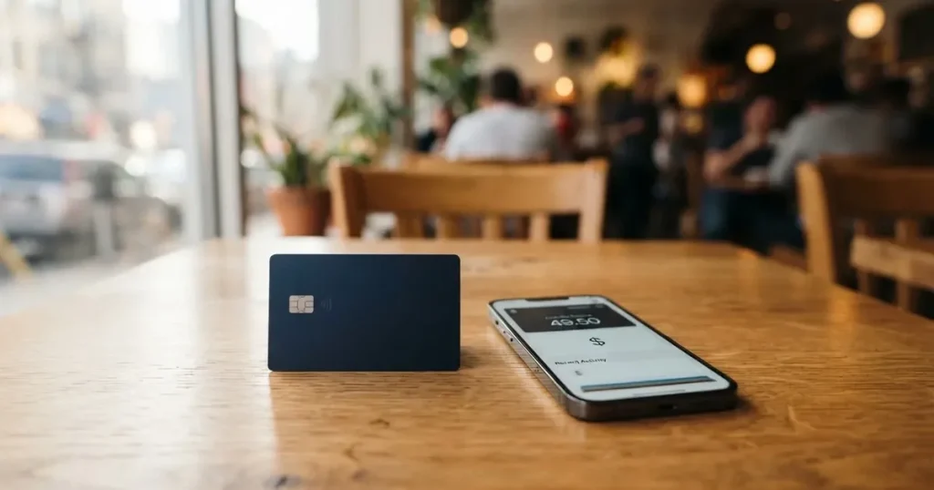 A payment card next to a phone with a crypto wallet app open