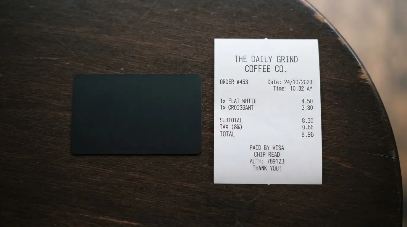 A receipt and a card on a café table