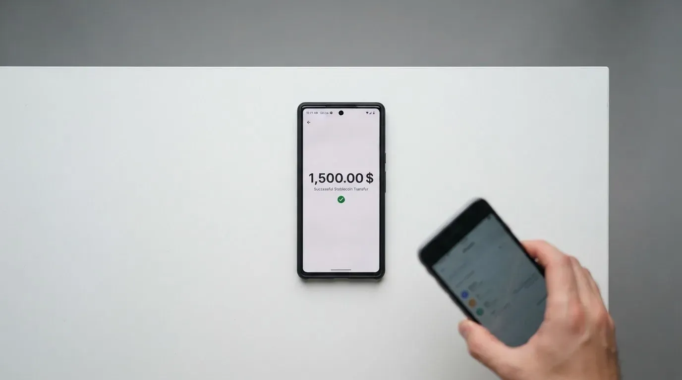 A phone showing a stablecoin transfer screen