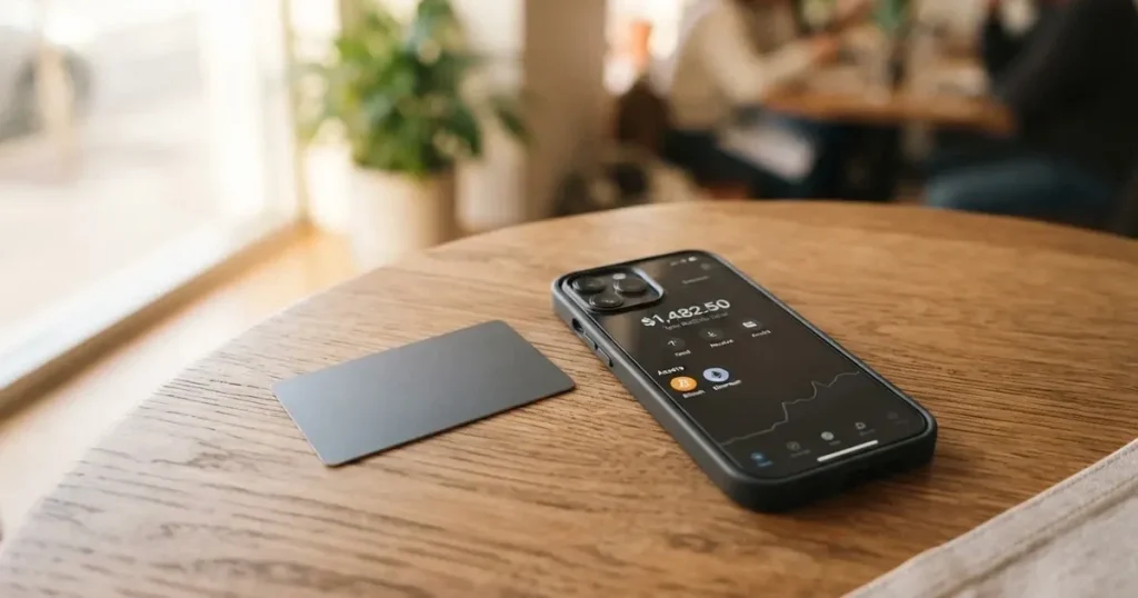 A payment card next to a phone with a crypto wallet app open