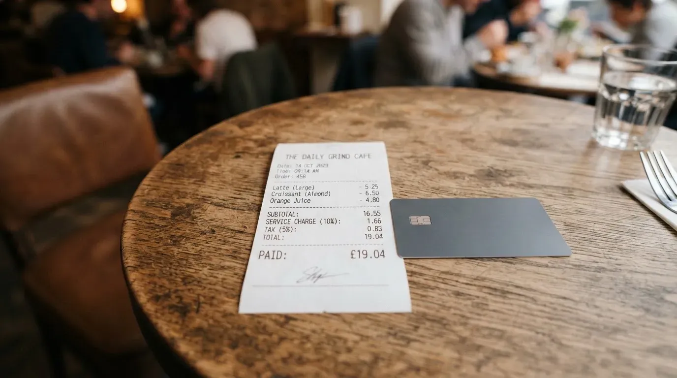 A receipt and a card on a café table