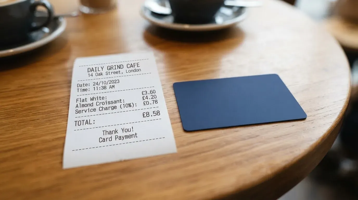 A receipt and a card on a café table