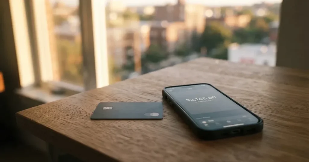 A payment card next to a phone with a crypto wallet app open