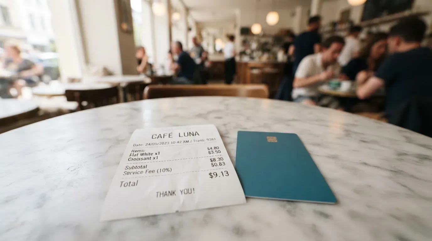 A receipt and a card on a café table