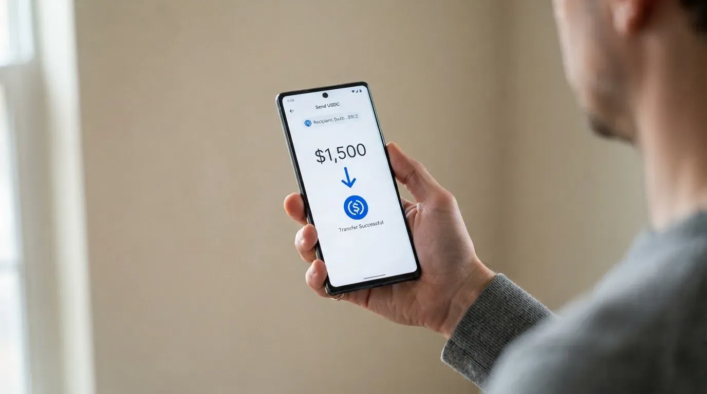 A phone showing a stablecoin transfer screen