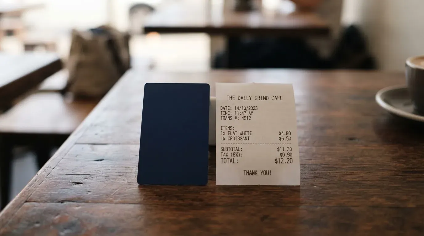 A receipt and a card on a café table