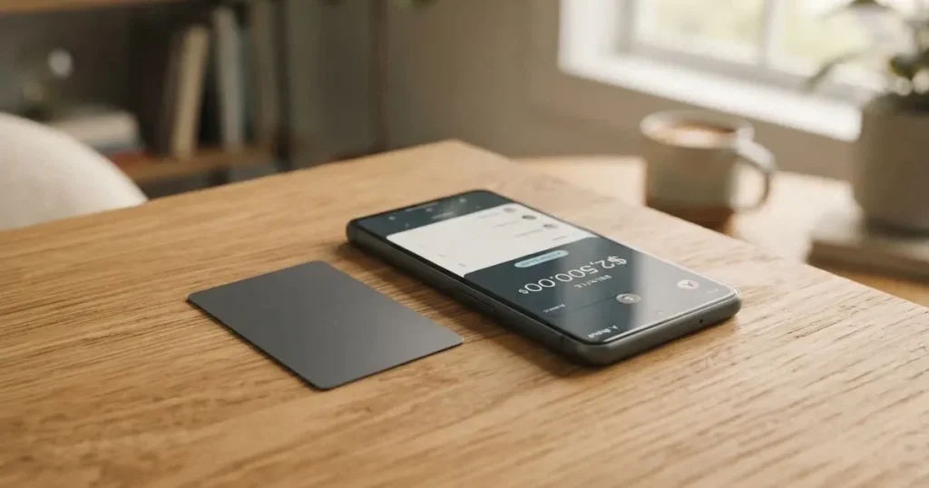 A payment card next to a phone with a crypto wallet app open