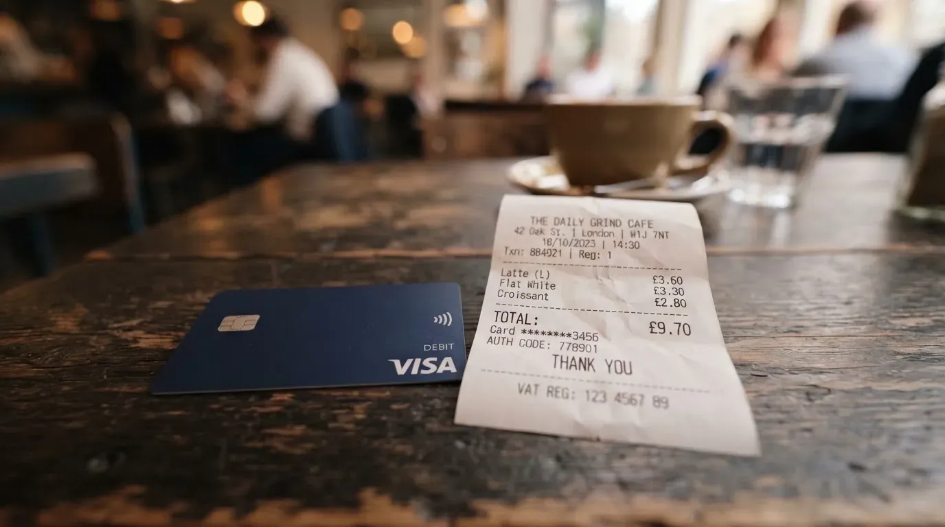 A receipt and a card on a café table