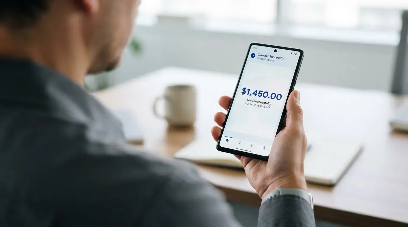 A phone showing a stablecoin transfer screen