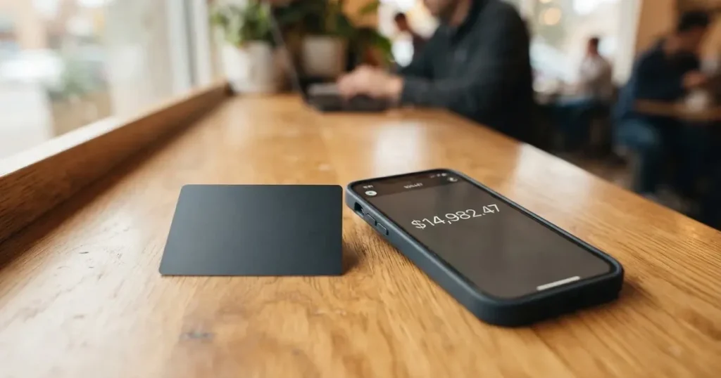 A payment card next to a phone with a crypto wallet app open