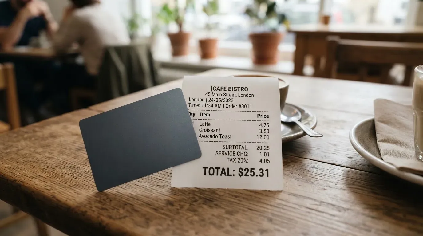 A receipt and a card on a café table
