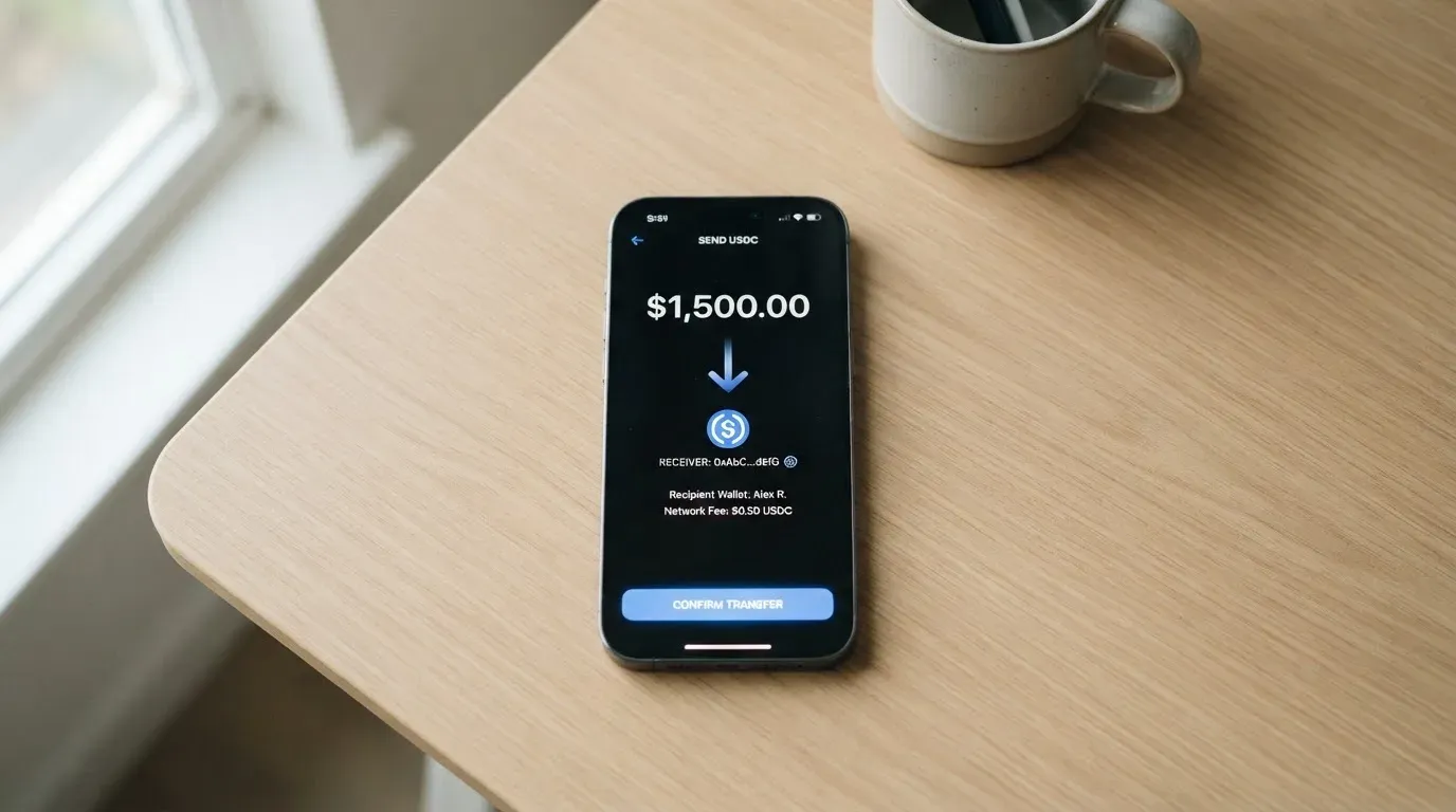 A phone showing a stablecoin transfer screen