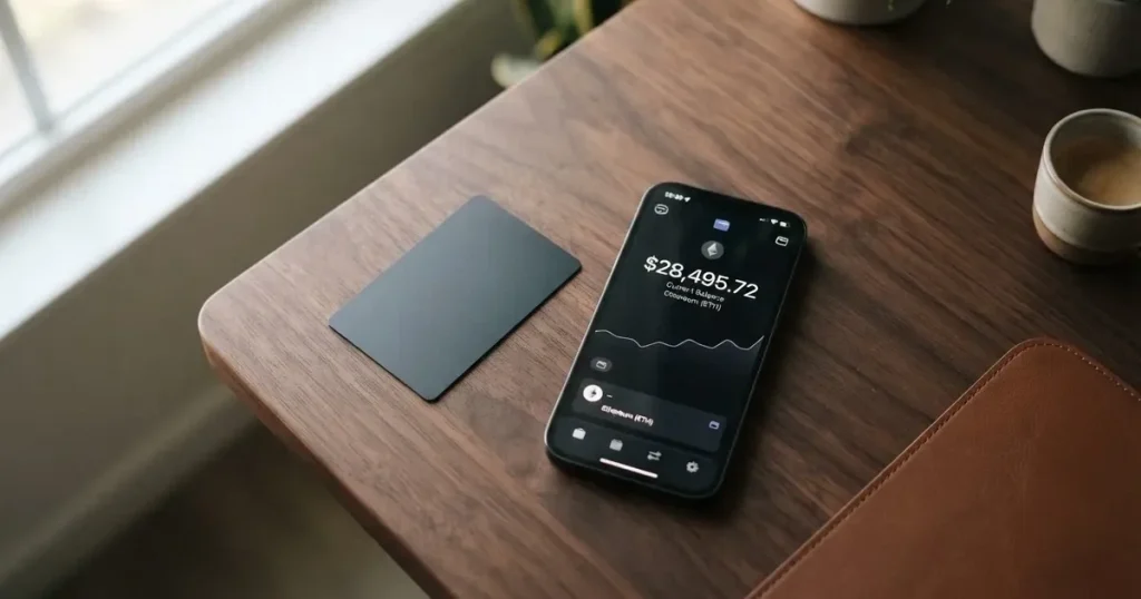 A payment card next to a phone with a crypto wallet app open