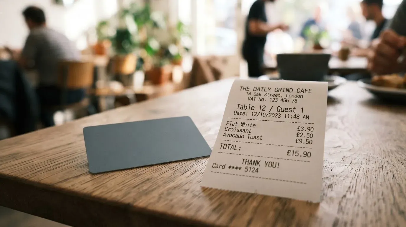 A receipt and a card on a café table