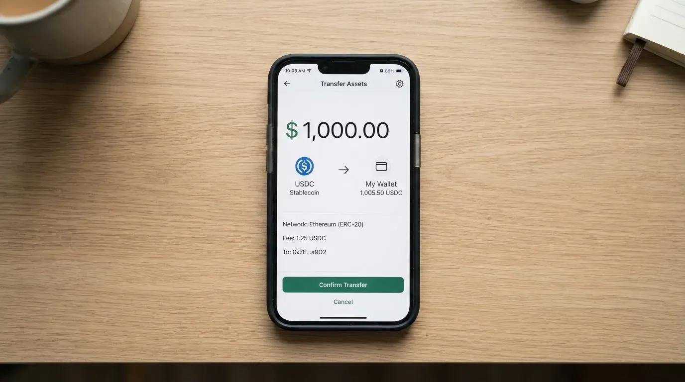 A phone showing a stablecoin transfer screen