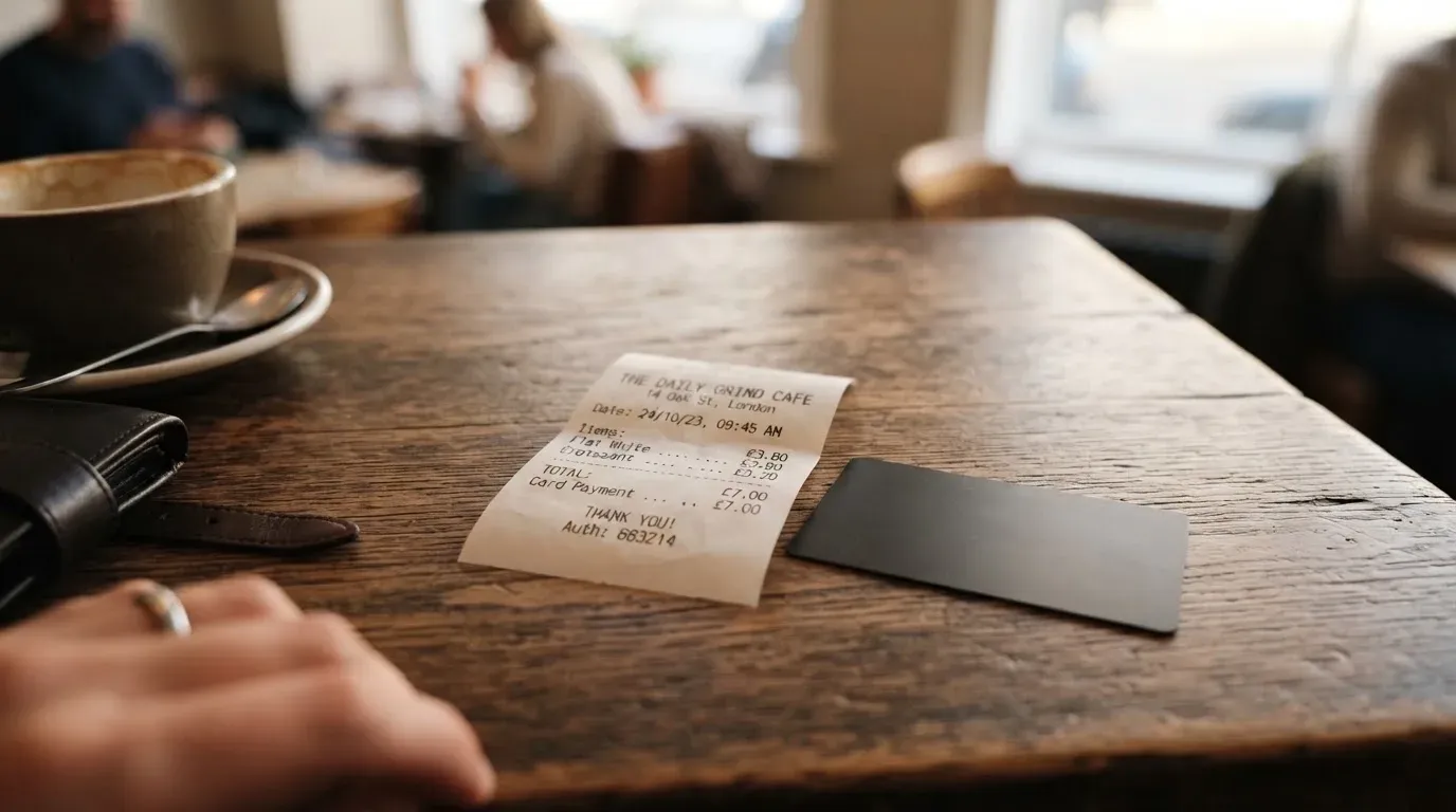 A receipt and a card on a café table