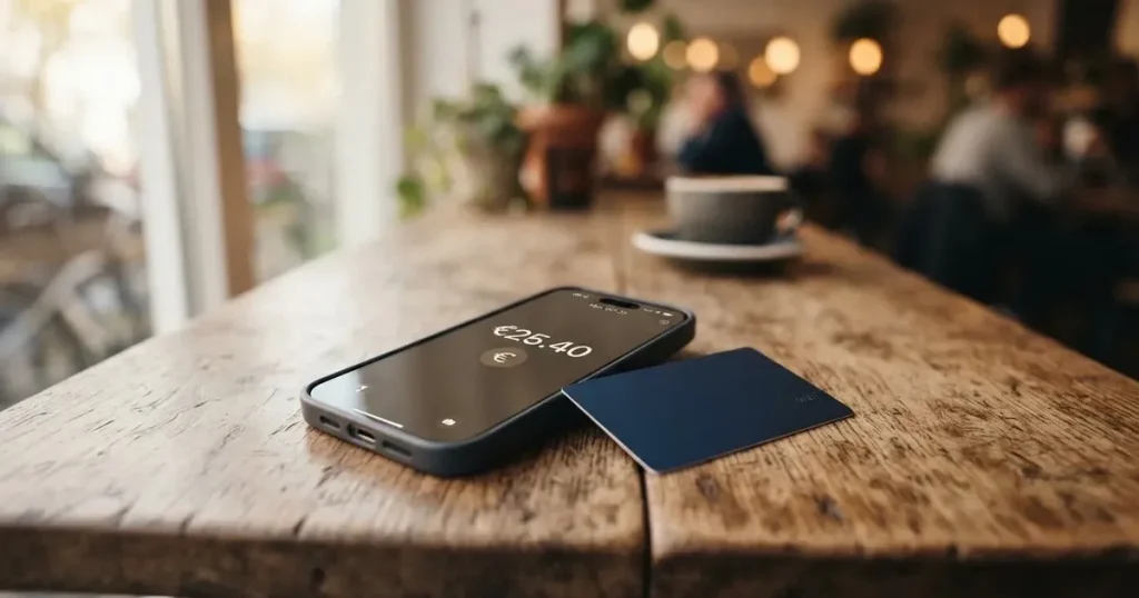 A payment card next to a phone with a crypto wallet app open