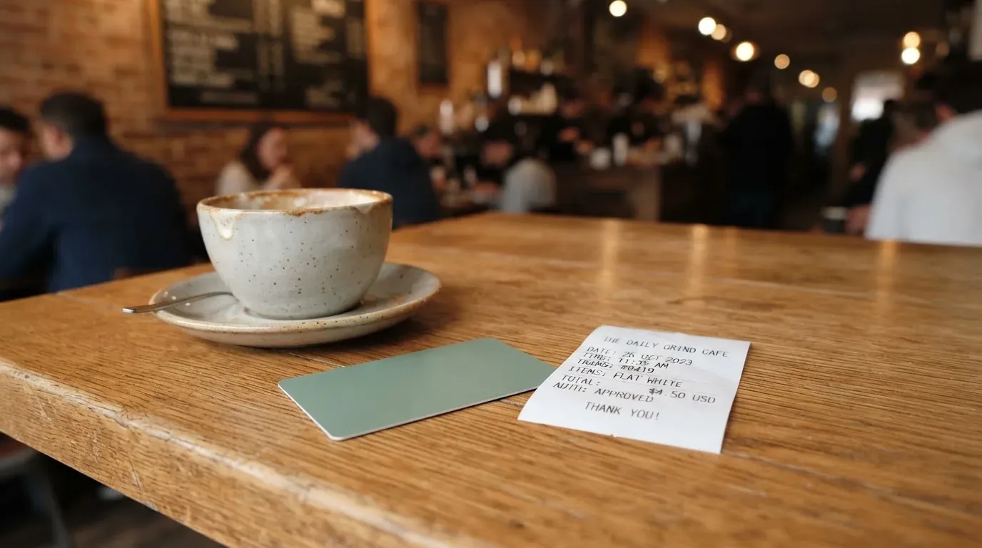 A receipt and a card on a café table