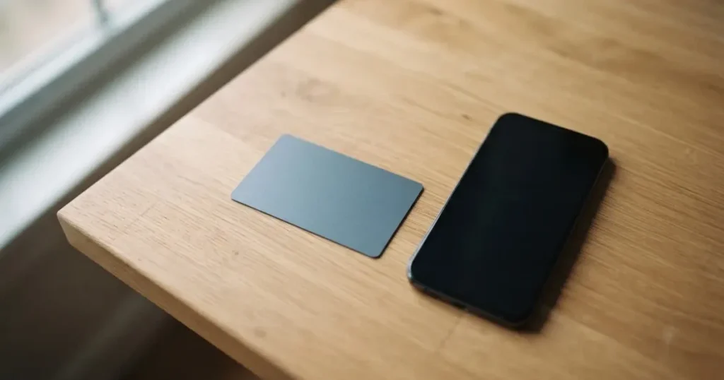 A payment card next to a phone with a crypto wallet app open
