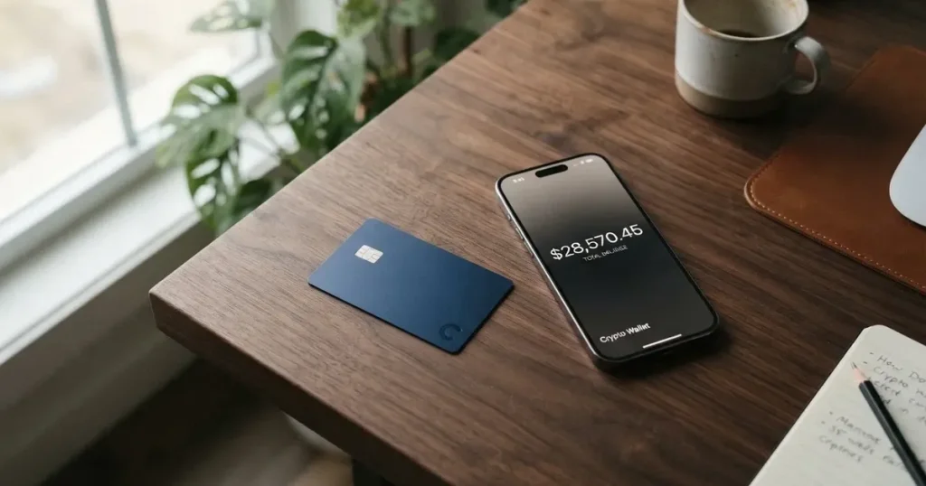 A payment card next to a phone with a crypto wallet app open