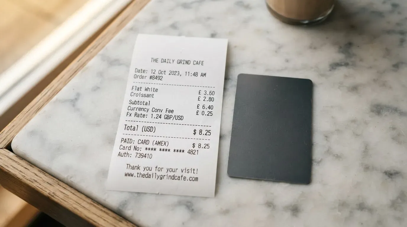 A receipt and a card on a café table