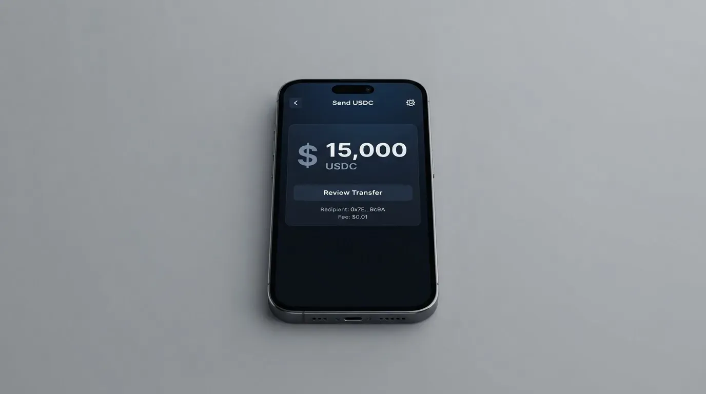 A phone showing a stablecoin transfer screen