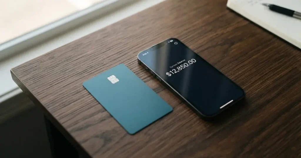 A payment card next to a phone with a crypto wallet app open