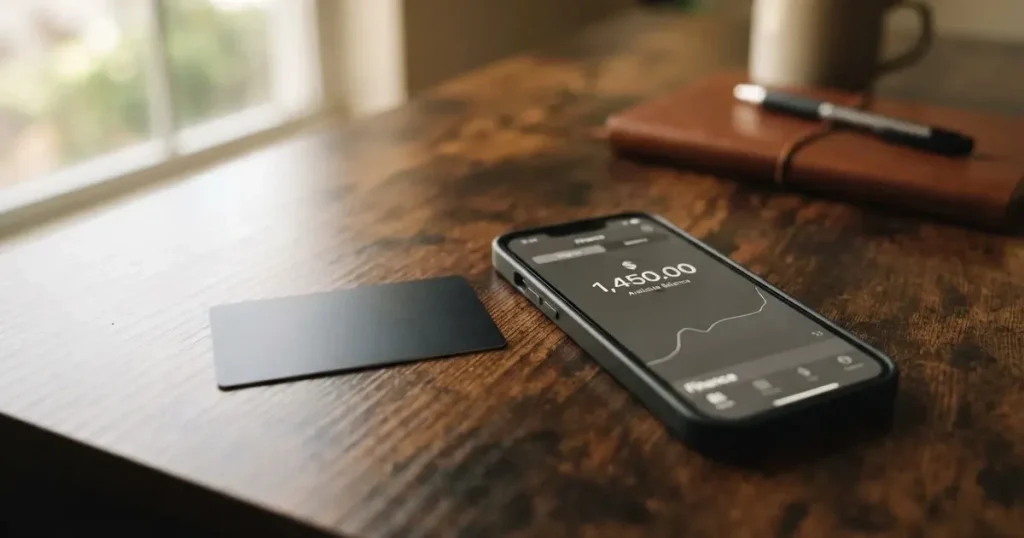 A payment card next to a phone with a crypto wallet app open