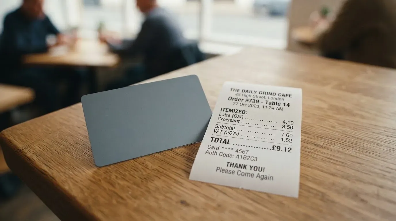 A receipt and a card on a café table