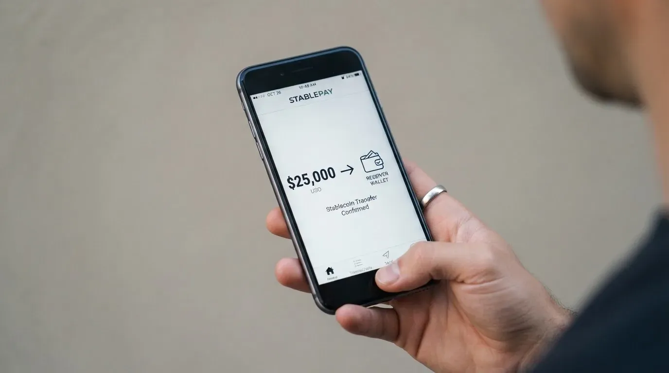 A phone showing a stablecoin transfer screen