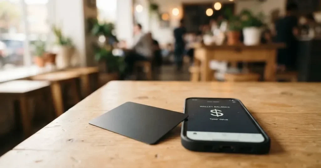A payment card next to a phone with a crypto wallet app open
