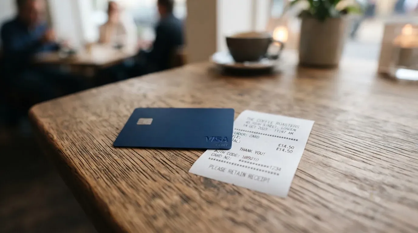 A receipt and a card on a café table