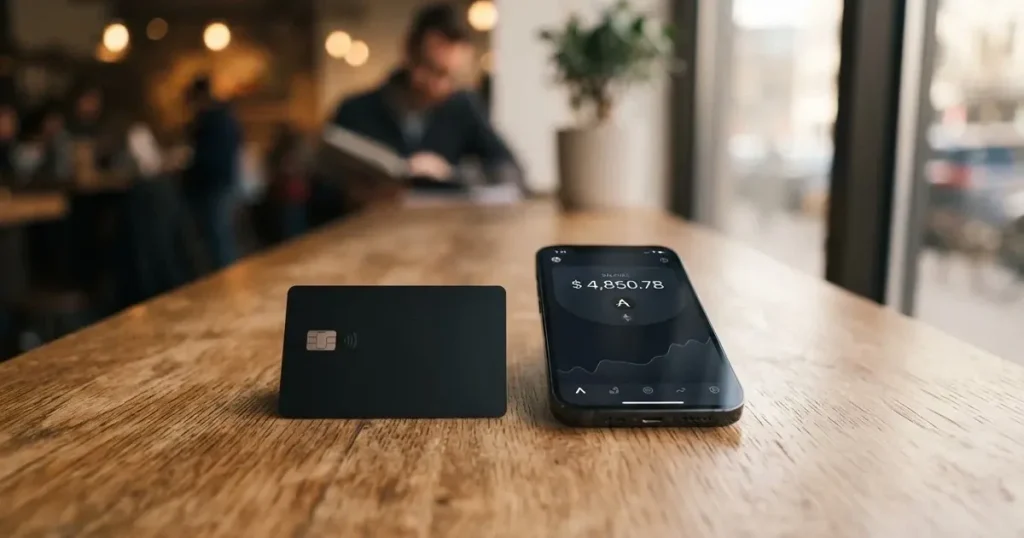 A payment card next to a phone with a crypto wallet app open