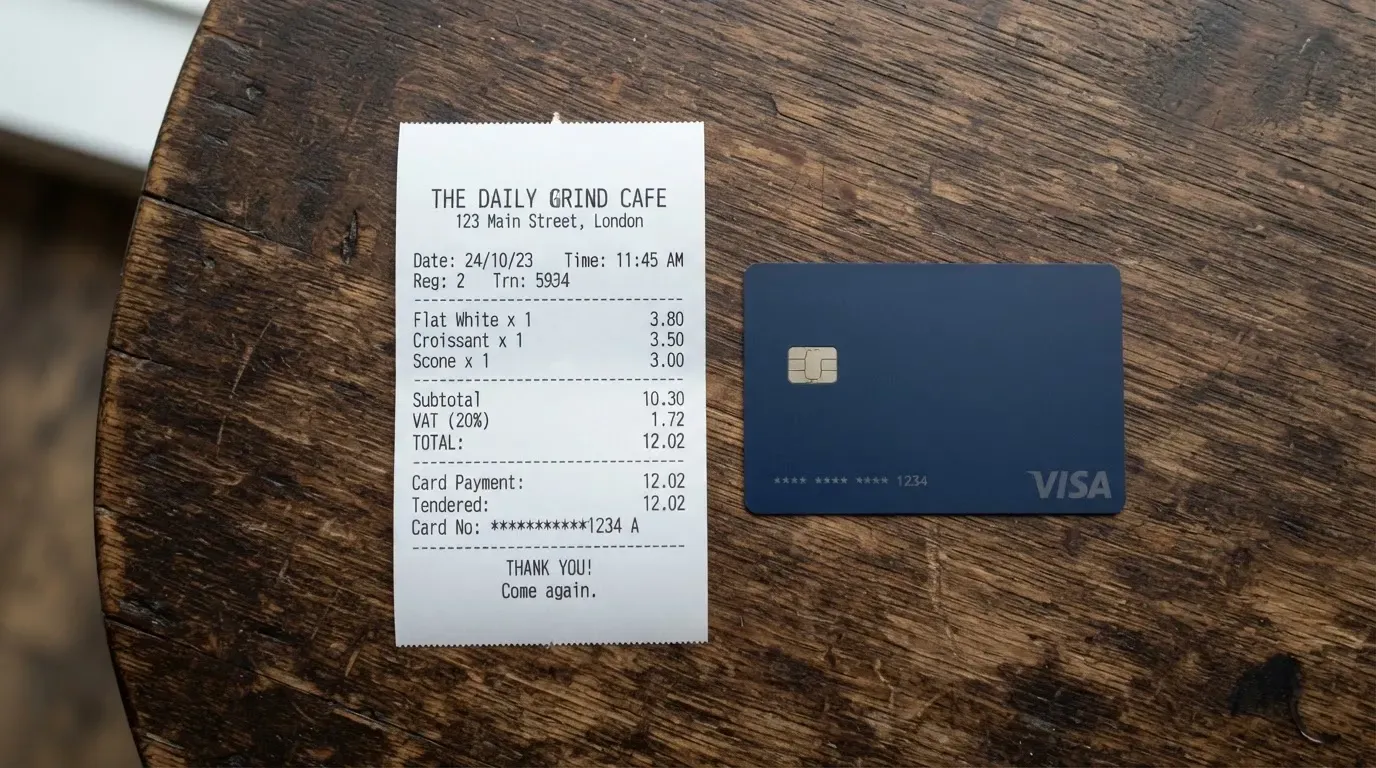 A receipt and a card on a café table