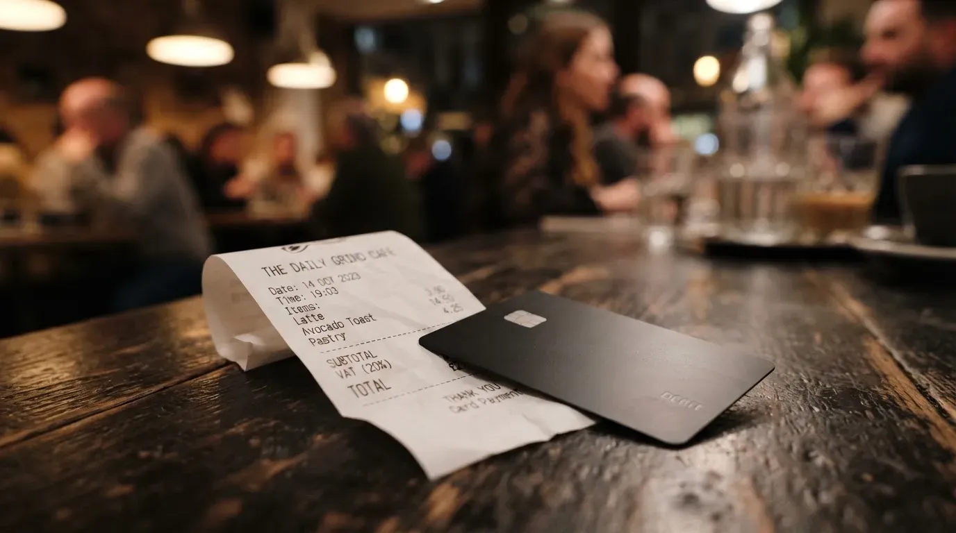 A receipt and a card on a café table