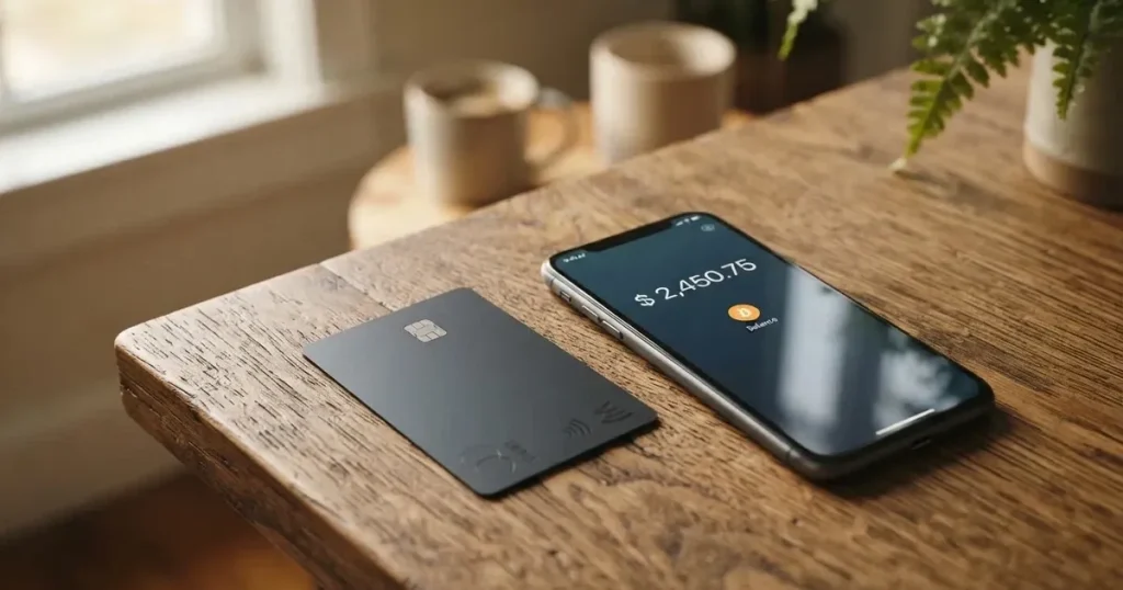 A payment card next to a phone with a crypto wallet app open
