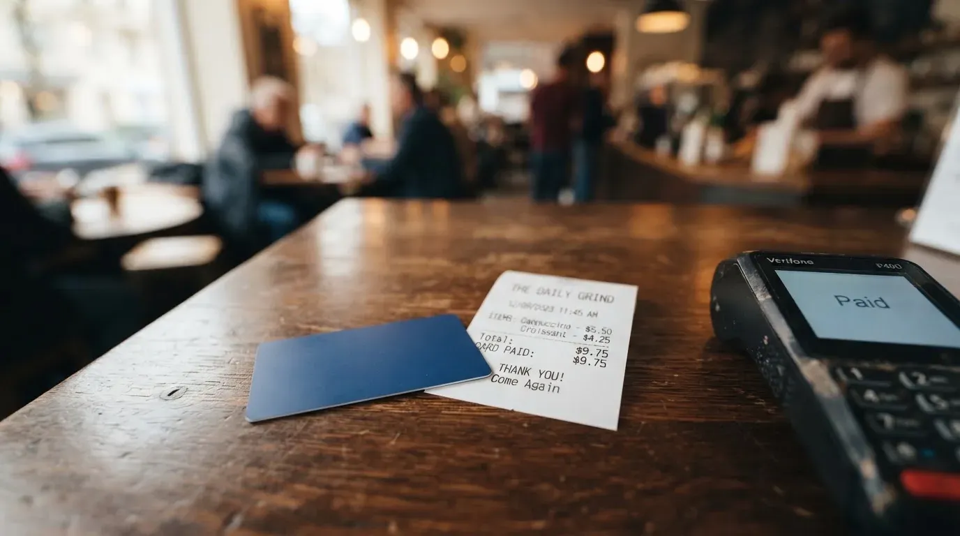 A receipt and a card on a café table