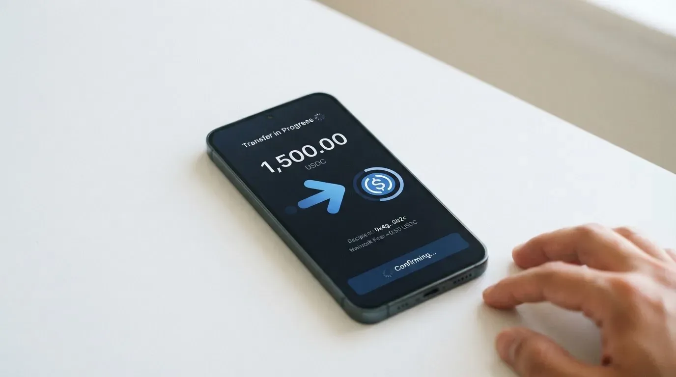 A phone showing a stablecoin transfer screen