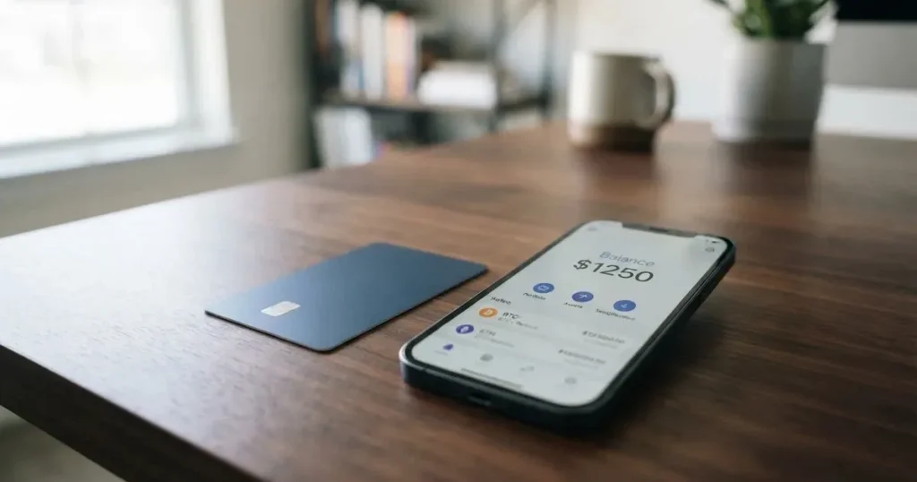 A payment card next to a phone with a crypto wallet app open