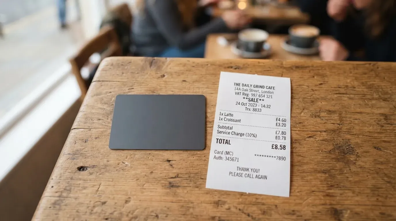 A receipt and a card on a café table